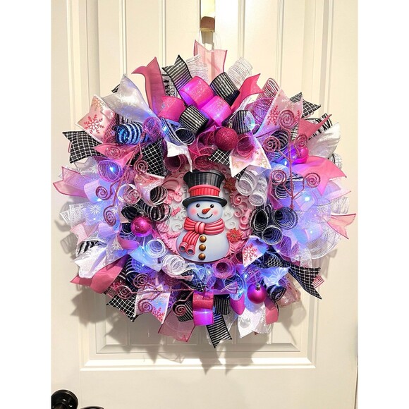 Handmade Bright Top Hat Snowman Holiday Ribbon Door Wreath 22 ins W68 Pink Black - Picture 10 of 12